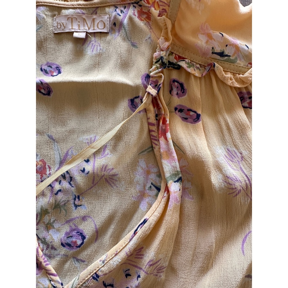 byTiMo Yellow Floral Ruffle Smocked Mini Dress Womens Large Boho Tiered Viscose - Picture 9 of 9